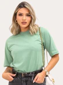 Kit Camiseta Básica Feminina Com 3 Tshirt Dia a Dia Moda Blogueira Virginina CeA Manga Oversized Zaraa em Algodão Premium Dia dos Namorados - Verde Menta - Visão 3