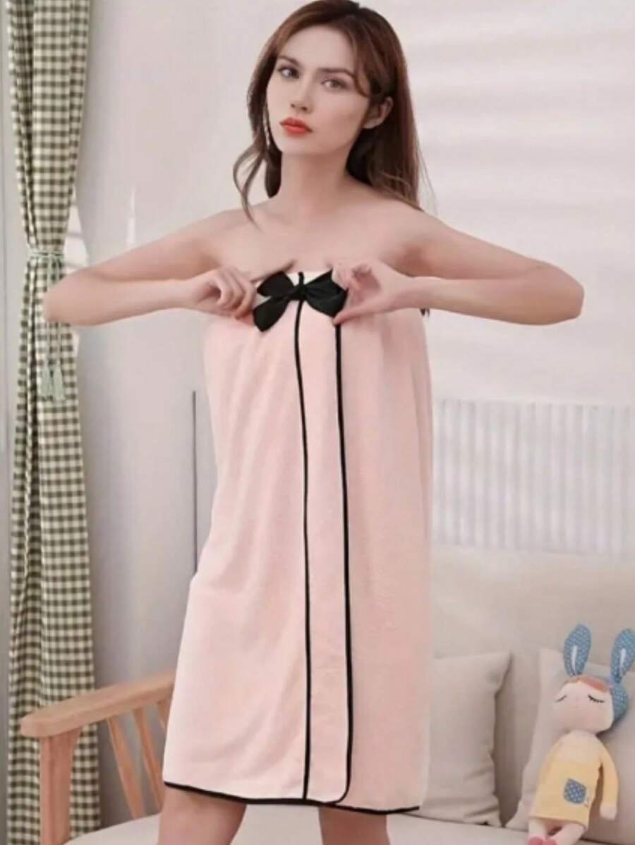 1件蝴蝶結可調節的女士淋浴包裹浴袍,可愛吸水包裹浴袍,柔軟輕便的多功能遮蓋毛巾,家庭旅行酒店必備的包裹毛巾,浴室用品 - 粉色 - 查看 1