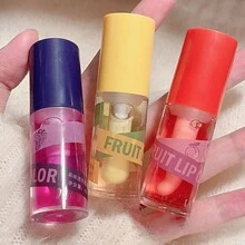 3入組唇部油大刷頭保濕滋潤光澤脹脹的透明染色油草莓、葡萄、菠蘿豐唇蜜護理,滋養修復減少唇紋化妝
