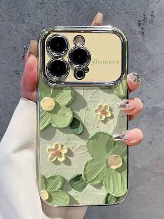 Floral 1pc Plating Phone Case With Silver Visible Window For Iphone11/12/13/14paomax/15 - Green Flowers Blooming