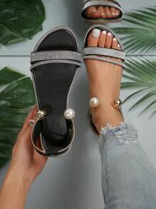 2024 New Large Size Crystal Korean Style Fairy Flat Sandals - Black - View 1