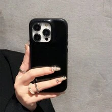 1 pieza Funda de teléfono con textura suave y botón metálico de lujo y moda retro compatible con Apple 16 15 14 Plus 13 12 11 Pro Max - Negro - Ver 6