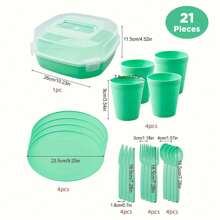 21 piezas Juego de vajilla de picnic, incluye cuchillos, tenedores, cucharas, vasos, platos, caja de almacenamiento de cubiertos, vajilla transparente multifuncional, para picnic, campamento, viaje en autocaravana, servicio de cubiertos portátil para 4 personas, de vuelta a la escuela - Verde - Ver 11