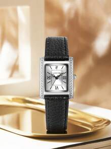 Luckyfox Dry Cell Packaged Ladies' Luxury Retro Style Rhinestone Decor Square Dial Roman Index Leather Strap Quartz Watch Suitable For Daily Use As A Gift For Students Returning To School - Black - View 2