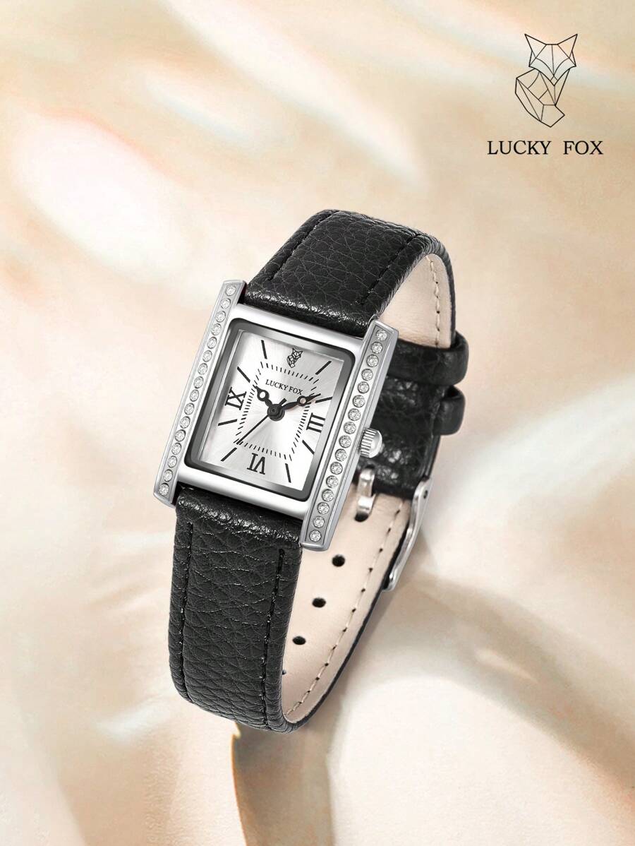 Luckyfox Dry Cell Packaged Ladies' Luxury Retro Style Rhinestone Decor Square Dial Roman Index Leather Strap Quartz Watch Suitable For Daily Use As A Gift For Students Returning To School - Black - View 1