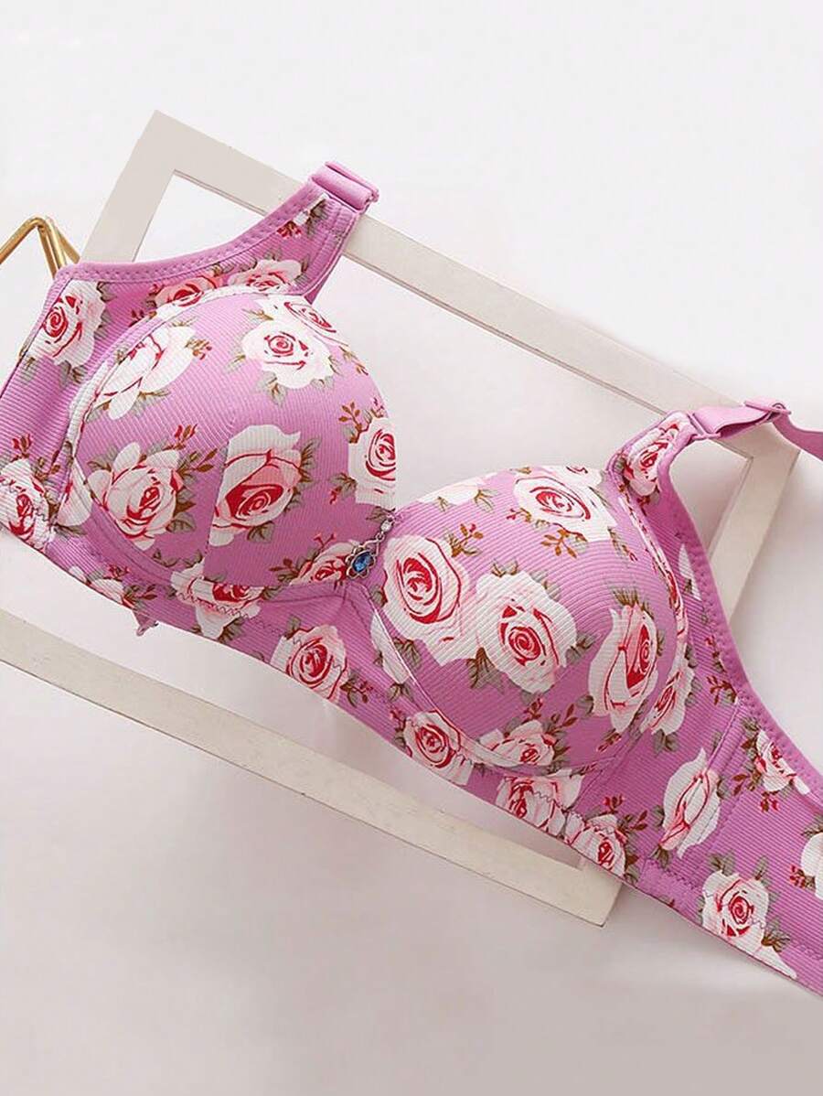 1pc AntiSagging Rose Printed Bra For Large Chested Women, Wireless And
