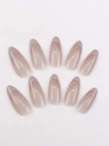 24 piezas de uñas artificiales en forma de almendra, con un diseño elegante y simple en color melocotón, de estilo francés, para uñas de moda - Ver 4