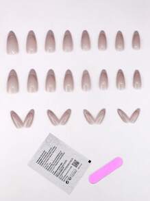 24 piezas de uñas artificiales en forma de almendra, con un diseño elegante y simple en color melocotón, de estilo francés, para uñas de moda - Ver 2
