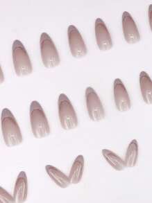 24 piezas de uñas artificiales en forma de almendra, con un diseño elegante y simple en color melocotón, de estilo francés, para uñas de moda - Ver 3