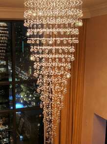 12 Lights Modern Flush Mount Raindrop Crystal Chandelier For High Ceilings, Staircase, Foyer Dia 32" X 96"H - Chrome - Xem 3