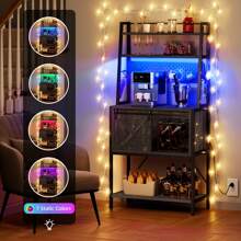 Bakers Rack With Power Outlet And LED Light, Microwave Stand Cabinet Organizer With Sliding Barn Door, Farmhouse Kitchen Tall Coffee Bar Table With 8 Hooks - 質樸的橡木 - 查看 5