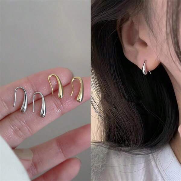 1 Pair Silver Simple Waterdrop Earrings, Vintage Fashion Personality Ear Hook Earrings For Women, Suitable For Pierced Ears, Versatile