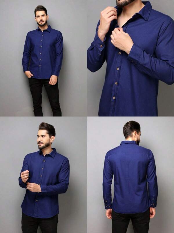 Camisa Jeans Manga Comprida Social Masculina Slim