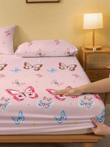 1pc Butterfly Pink Printed Brushed Fitted Sheet Set, Bedroom Floral Bed Cover Bedding (Pillowcase Not Included) - Multicolor - View 4