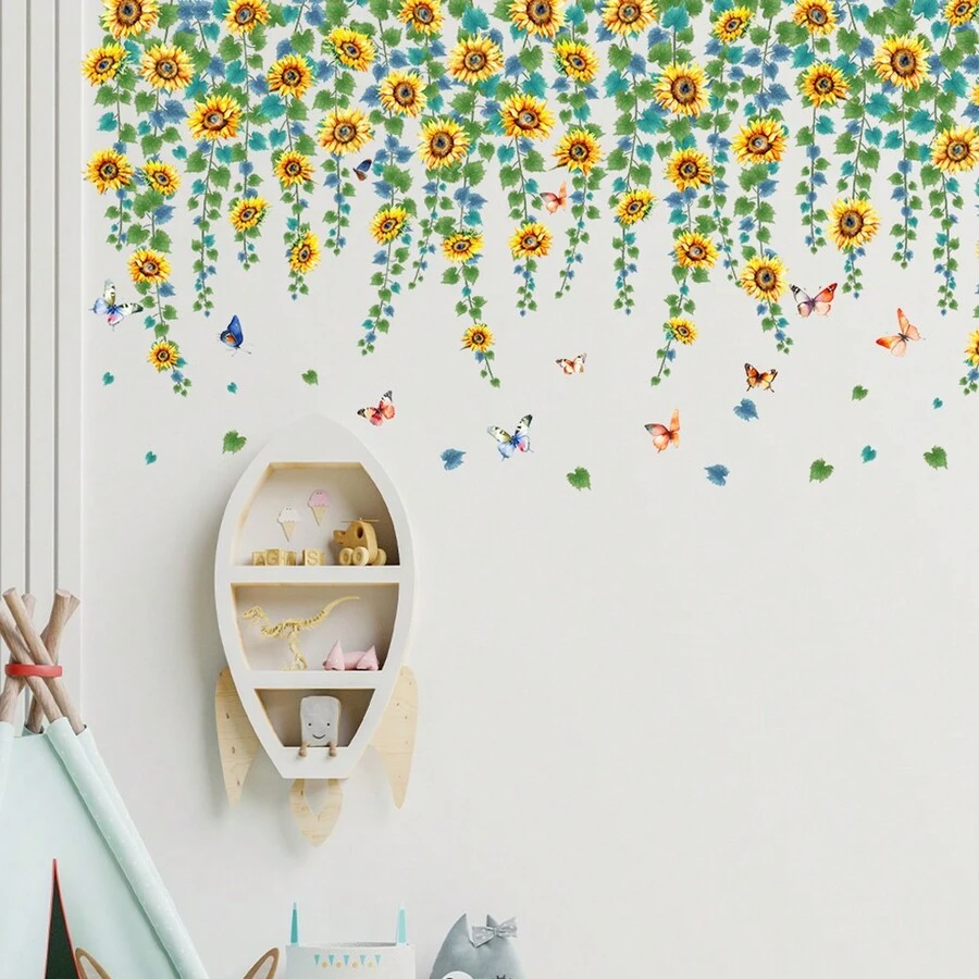 Sunflower & Green Vine Corners Design Wall Decal/Sticker For Home Decor - Multicolor - View 1