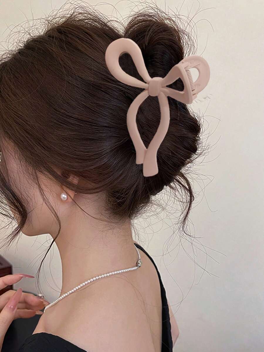 1pc 11cm/4.33inch Women's Solid Color Bowknot Large Hollow Hair Claw Clip, Elegant Sweet Campus Style, Suitable For Party, Dance, Daily Wear - Dusty Pink - View 1