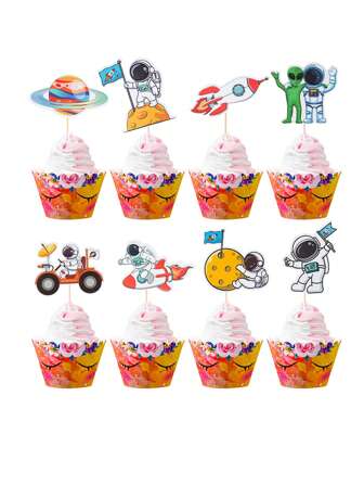 8pcs Space Astronaut & Alien Theme Paper Decoration Picks For Cake, Ideal For Home, Festival, Birthday, Party