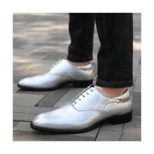 Silver Shiny Patent Lace Up Dress Shoes With Side Chain Oxfords For Men Formal Fashion - Silver - View 2