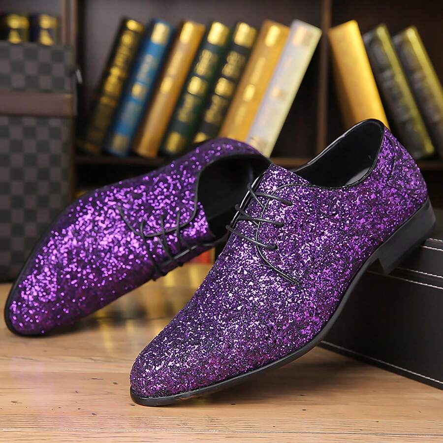 Zapatos De Vestir Para Hombre Sin Cordones, Zapatos De Vestir De Lentejuelas Modernos Luminosos Para El Club Nocturno - Morado - Ver 1