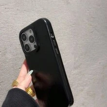 1 pieza Funda de teléfono con textura suave y botón metálico de lujo y moda retro compatible con Apple 16 15 14 Plus 13 12 11 Pro Max - Negro - Ver 10