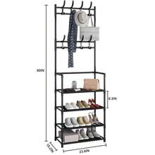 Zapatero y Perchero Multifuncional, Perchero de Entrada con 16 Ganchos, Estante para Zapatos de Gran Espacio, Zapatero con 4 Niveles, Fácil Montaje, 2 en 1 Estante para Zapatero - Negro - Ver 7