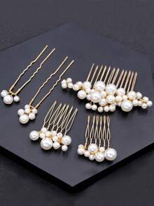 4pcs Ladies' Gold Pearl Wedding Headpiece Bride's Super Fairy Bridal Dress Korean-Style Pearl Hair Comb & Hairpin
