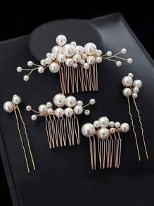 4pcs Ladies' Gold Pearl Wedding Headpiece Bride's Super Fairy Bridal Dress Korean-Style Pearl Hair Comb & Hairpin