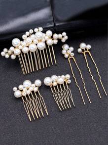 4pcs Ladies' Gold Pearl Wedding Headpiece Bride's Super Fairy Bridal Dress Korean-Style Pearl Hair Comb & Hairpin