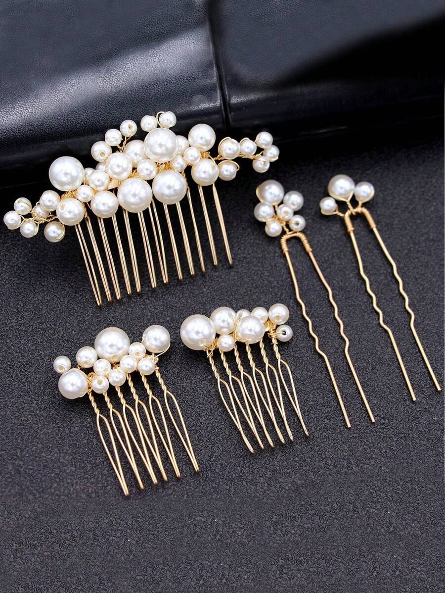 4pcs Ladies' Gold Pearl Wedding Headpiece Bride's Super Fairy Bridal Dress Korean-Style Pearl Hair Comb & Hairpin