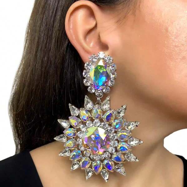 Pendientes florales populares y lujosos de fiesta con personalidad de moda europea y americana, gotas exageradas de piedras preciosas de alta gama, accesorios personalizados para mujeres