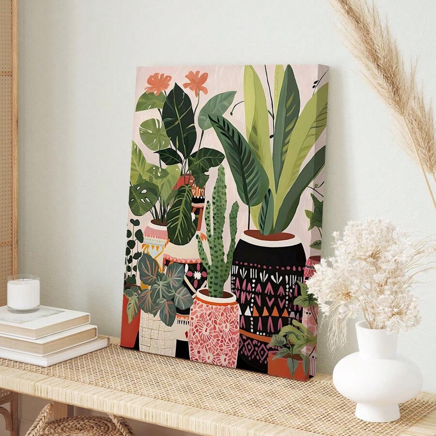 1pc Boho Boho Antique Vase, House Plant Mural, Wall Canvas Art, Home Poster, Framed Art Gift,Wall Art Gifts Birthday Graduation - Multicolor - View 1