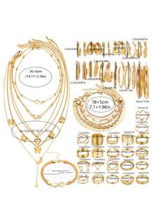 57pcs Fashionable And Delicate Multiple-Element Metal Necklace, Earrings, Bracelet, Anklet, Ring Set With Heart, Butterfly, Star, Moon, Twisted Chain, 8 Shaped Rhinestone, Faux Pearl, Tassel Pendant Great For Daily Wear, Party, Dating, Gift Giving (Box Not Included)