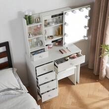 Vanity Makeup Dressing Table With Lighted Mirror 6 Drawers & Crystal Knob Pull - 白色 - 查看 6