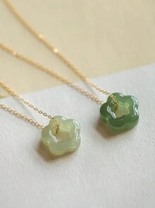 1pc Fashion 18K Gold Plated Stainless Steel Green Jade Stone Flower Star Pendant Necklace For Women Daily Decoration For Valentine'S Day Gift Valentines,Mom,Mother,Mother's Day,Gift