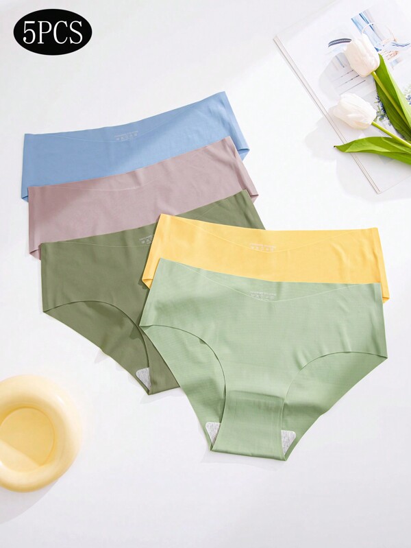 5 Piezas/set Bragas De Triángulo Sin Costuras Para Mujeres, Cómodas Y Transpirables Con Levantamiento De Cadera En Cintura En V, De Color Aguacate