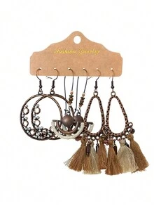 3套波希米亞風格流蘇耳環組合-時尚復古幾何形狀合金流蘇耳環,貝殼和綠松石裝飾 - 彩色 - 查看 25