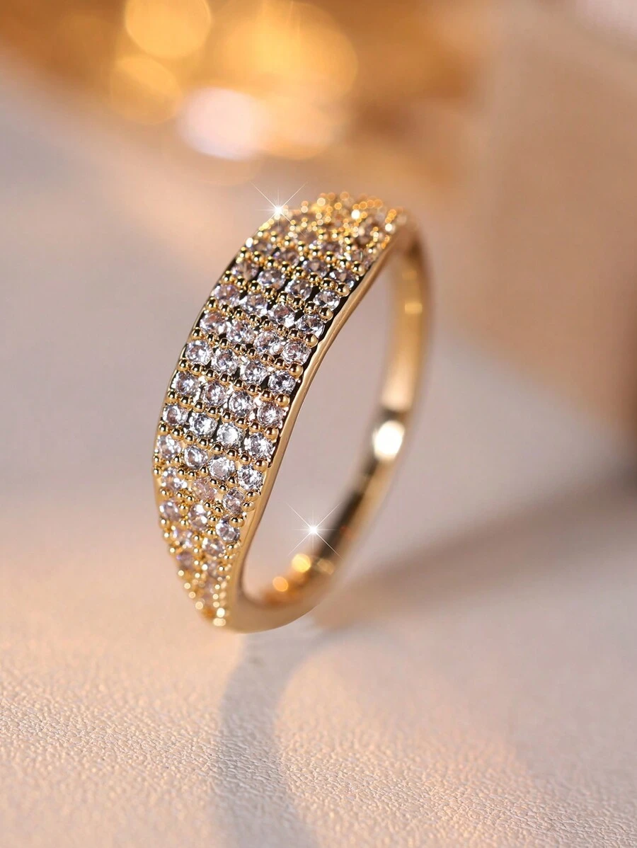 Vanel 1枚簡約優雅四排cz石鑲嵌女性閃亮婚禮/訂婚/派對戒指,華麗奢華 - 金黃色 - 查看 1