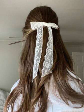 1pc/2pcs Women White Lace Bow Streamers Hair Clip, Minimalist Versatile Girls Hair Accessory For Daily, Outdoor, Travel Wear,Hair Barrettes Hair Clips Claw Clips Hair Claws, School Stuff, Elegant, College
