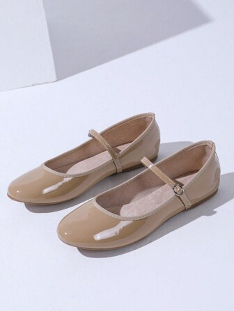 Women Buckle Decor Flats, Elegant Apricot Mary Jane Flats For Outdoor