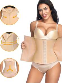 Women's Corset Solid Color Front Zipper Body Shaper Waist Trainer - Beige - View 5
