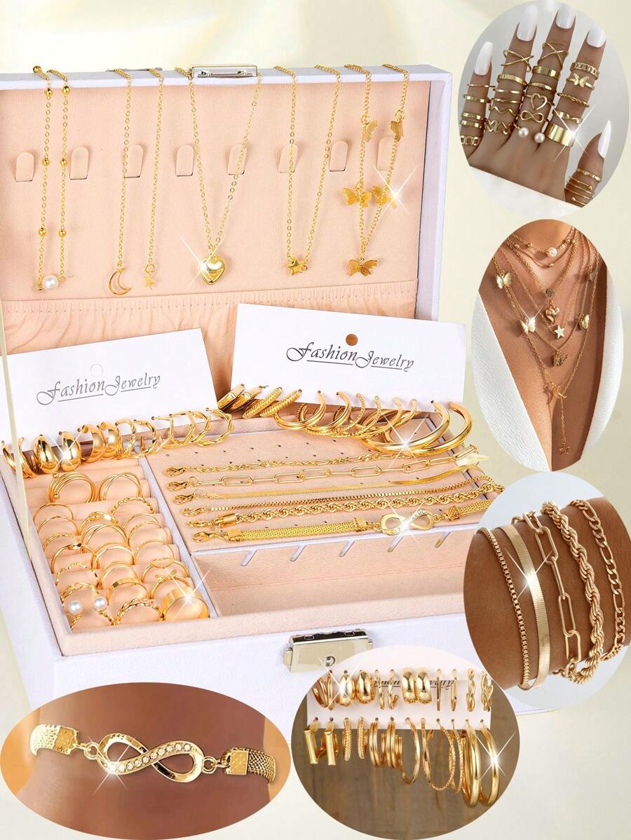 57pcs Fashionable And Delicate Multiple-Element Metal Necklace, Earrings, Bracelet, Anklet, Ring Set With Heart, Butterfly, Star, Moon, Twisted Chain, 8 Shaped Rhinestone, Faux Pearl, Tassel Pendant Great For Daily Wear, Party, Dating, Gift Giving (Box Not Included)