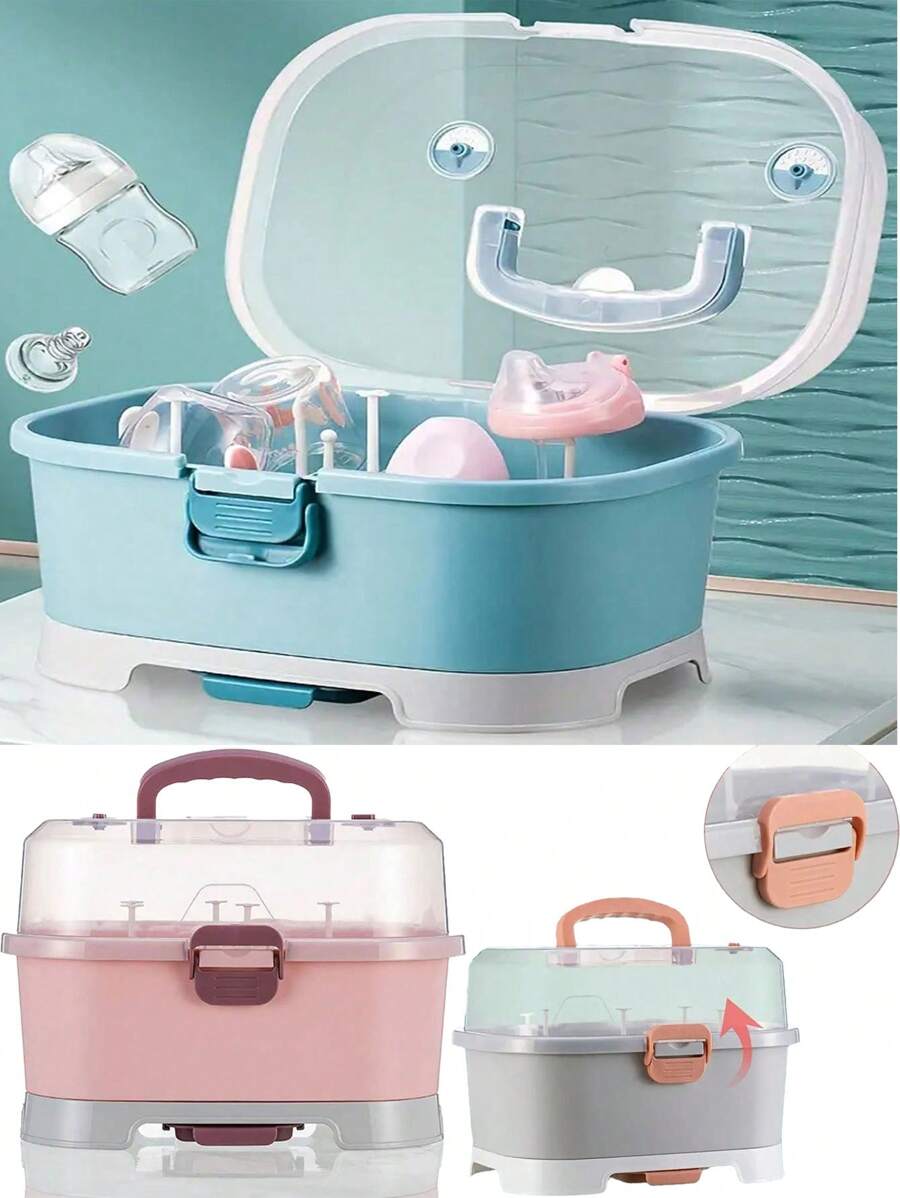 Baby Bottle Storage Box, Large Space Transparent Baby Tableware Storage Box, Drain Dust-Proof Drying Rack - Grey - View 1