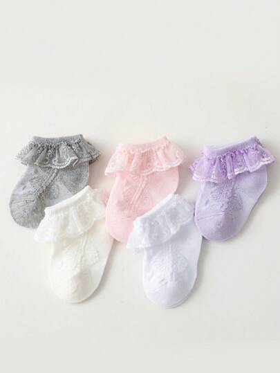 5 双蕾丝边女婴袜子，舒适透气薄款蕾丝荷叶边可爱公主踝袜，优雅复古风格，百搭时尚，适合春夏季