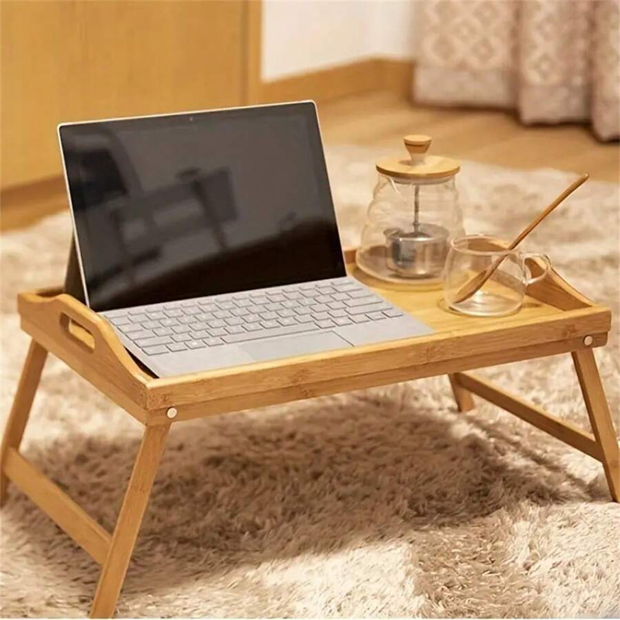 1pc Foldable Table For Students, Dorm Room, Bed Desk, Bedroom, Floor Dinner Table - Yellow - View 1