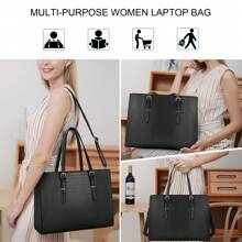 Women's PU Laptop Bag 15.6 Inch Laptop Tote Bag Briefcase Work Waterproof Handbag Shoulder Bag Business Office Bag Black - Black - View 8