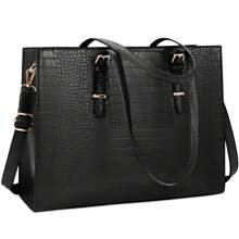 Women's PU Laptop Bag 15.6 Inch Laptop Tote Bag Briefcase Work Waterproof Handbag Shoulder Bag Business Office Bag Black - Black - View 2