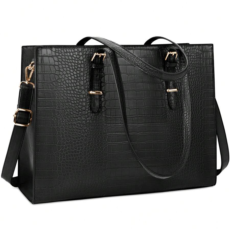 Women's PU Laptop Bag 15.6 Inch Laptop Tote Bag Briefcase Work Waterproof Handbag Shoulder Bag Business Office Bag Black