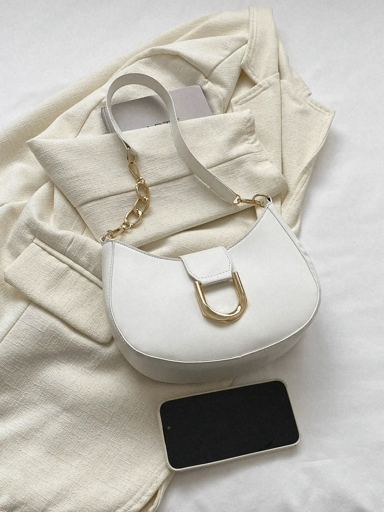 Mi Lightweight,Business Casual Small Zipper Hobo Bag Fashionable Black Metal Decor For Teen Girls Women College Students,Rookies & White-Collar Workers Perfect For Office,College,Work ,Business,Commute,Outdoors, Travel, Outings, Tready Crescent Moon Bag For Women - White - View 3