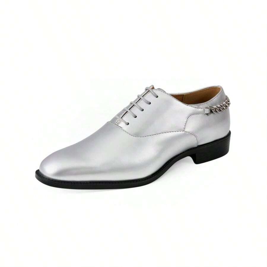 Silver Shiny Patent Lace Up Dress Shoes With Side Chain Oxfords For Men Formal Fashion - Silver - View 1