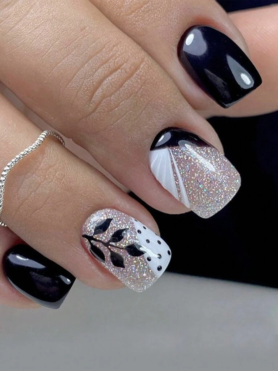 24 Chiếc Ngắn Vuông Hoạt Hình Dễ Thương Ngón Tay Móng Tay Với 1 Dũa Móng Tay Và 1 Thạch Keo Ấn Vào móng Tay Dụng Cụ Làm Móng - Đen và trắng - Xem 1